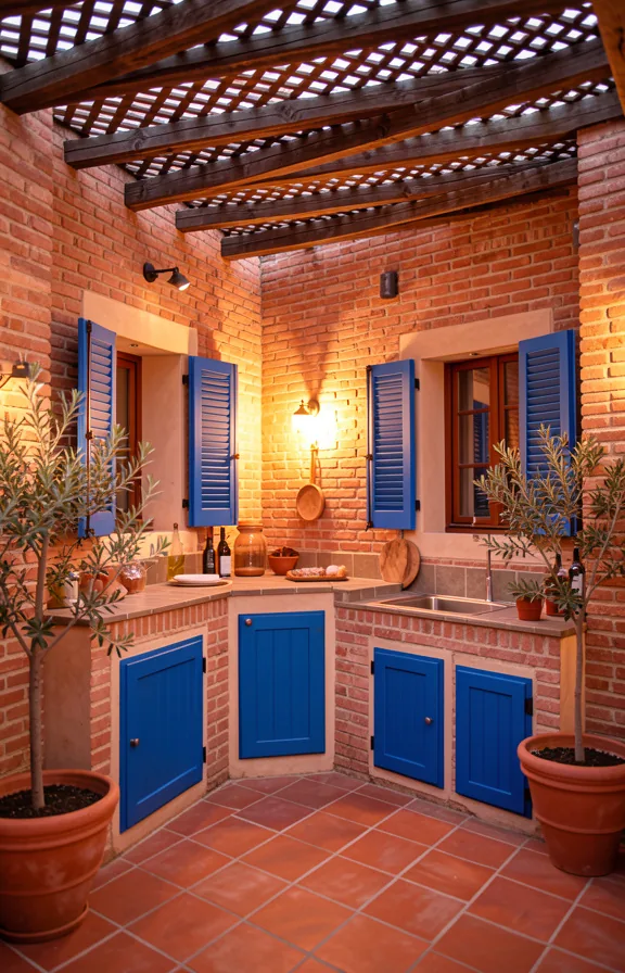 Mediterranean outdoor kitchen courtyard with clay brick walls