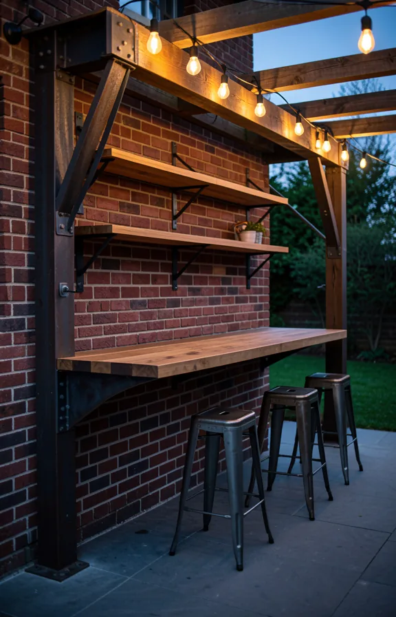 Industrial timber frame outdoor kitchen with exposed steel joints
