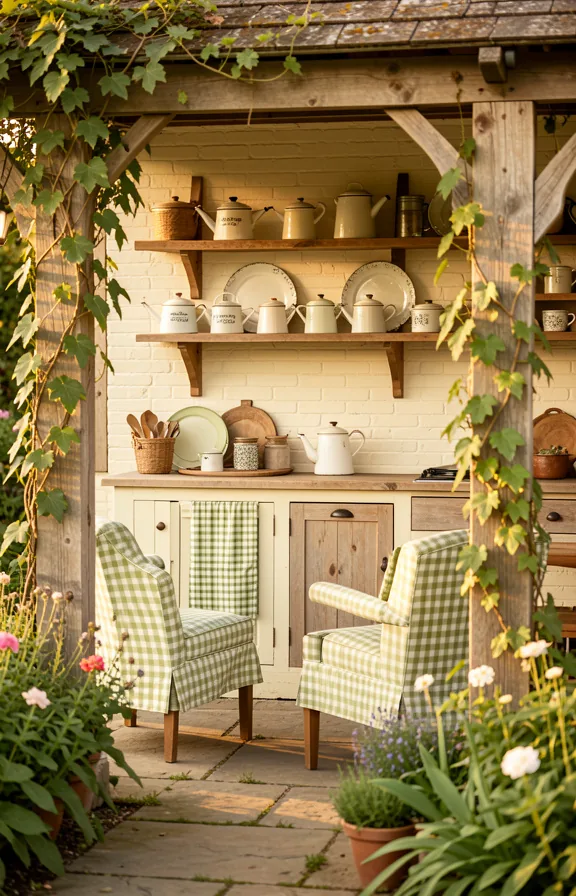Farmhouse cottage garden kitchen with cream painted brick