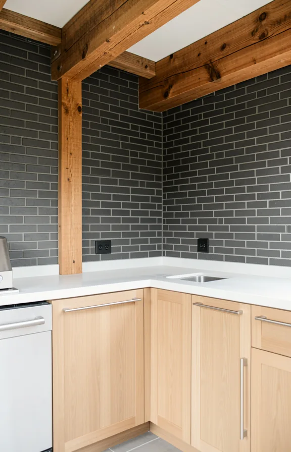 Contemporary outdoor kitchen with exposed heavy timber beams