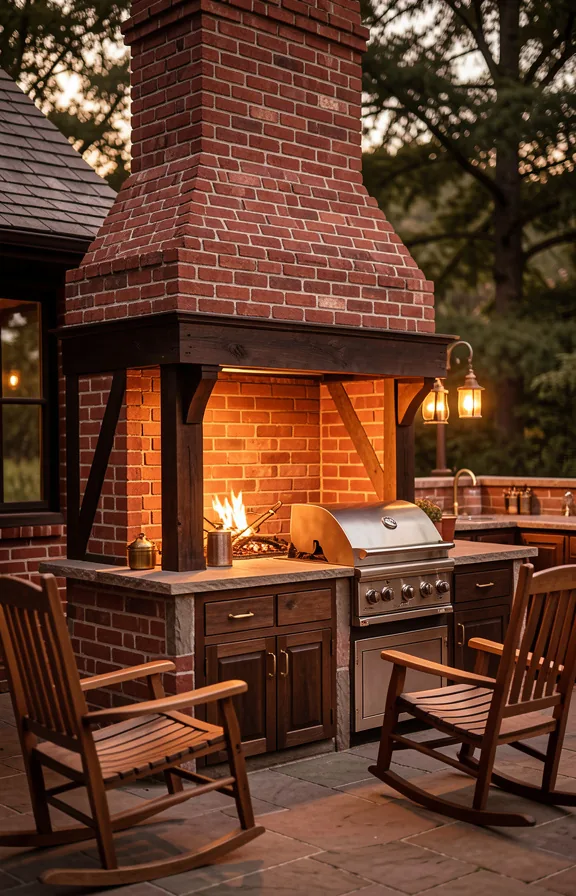 Colonial brick chimney outdoor kitchen with traditional red masonry