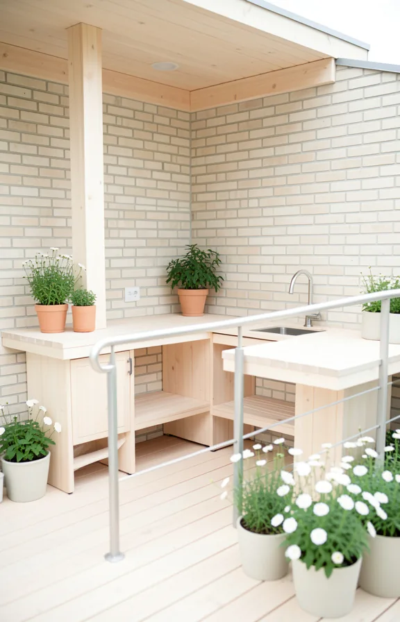 Scandinavian wood deck outdoor kitchen with pale timber construction