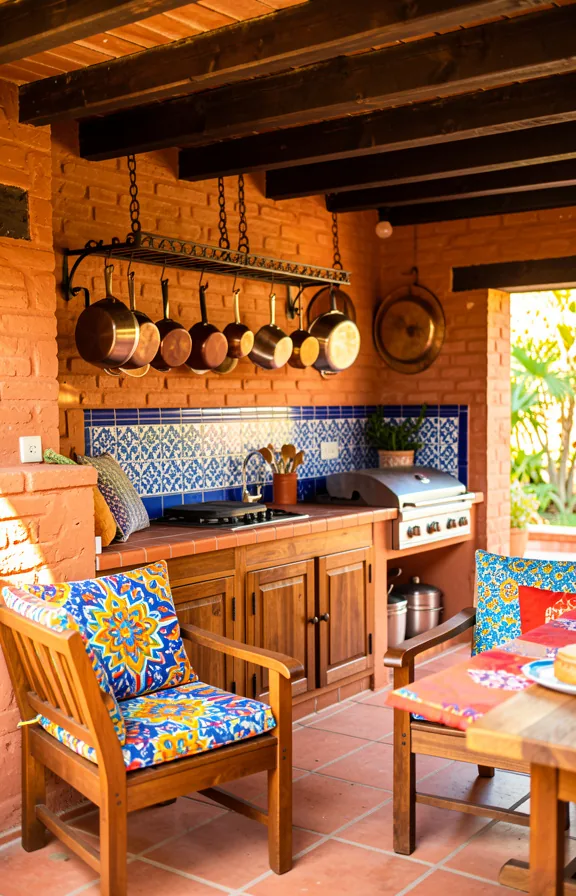 Spanish hacienda outdoor kitchen with rustic clay brick walls