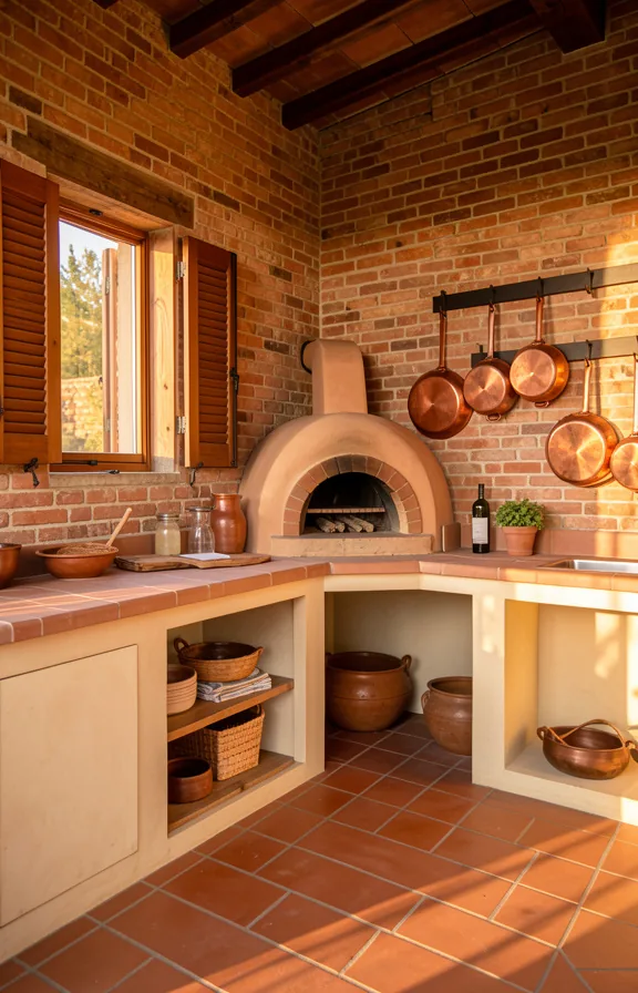 wooden shutters, terracotta floor tiles, a wood-fired pizza oven nestled in the corner