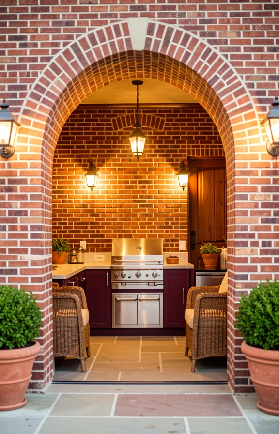 Full outdoor kitchen featuring a dramatic brick archway entrance