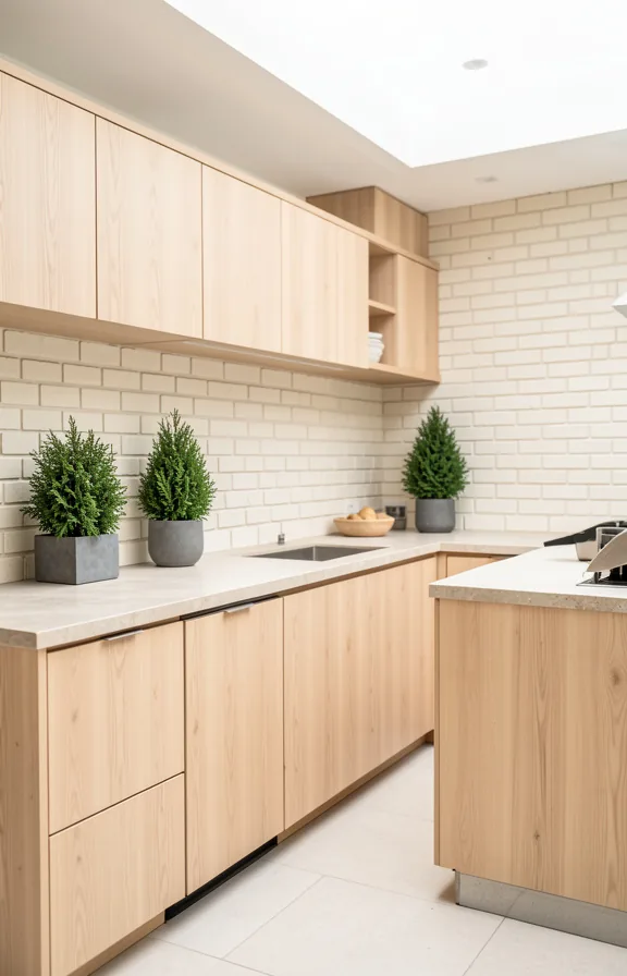 cream-coloured brick details, natural stone countertops, minimalist design approach