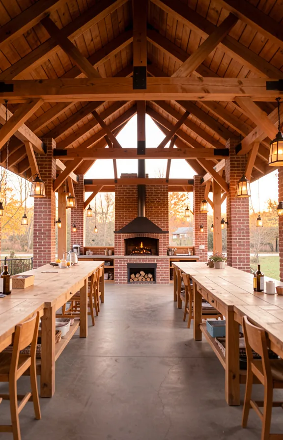 Full timber frame pavilion kitchen with soaring wooden beams creating dramatic ceiling