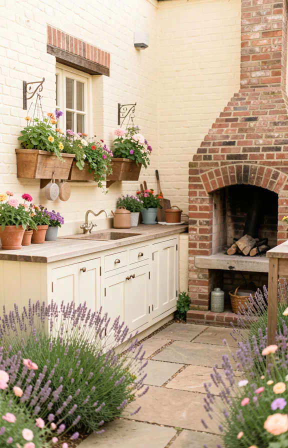 charming wooden window boxes overflowing with flowers, vintage-style cabinetry