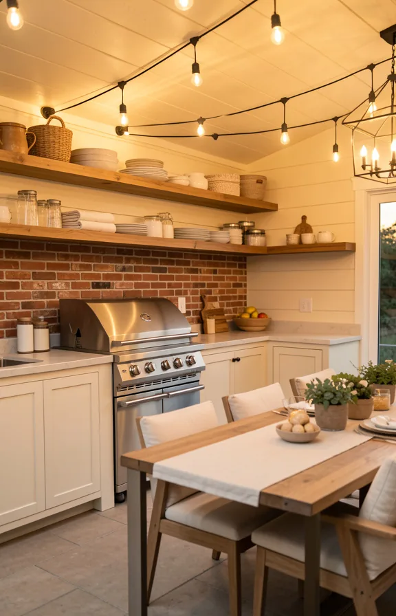 Complete outdoor kitchen blending modern and farmhouse styles with shiplap wood accents