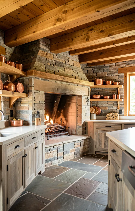chunky timber beams overhead, a grand stone fireplace with iron cooking grates
