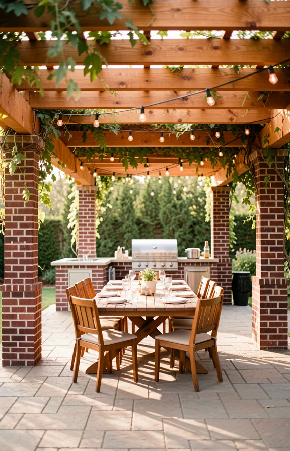 Full outdoor dining area under a wooden pergola with exposed cedar beams