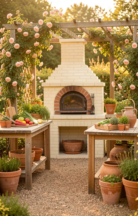 Full outdoor kitchen garden scene with traditional wood-fired brick oven