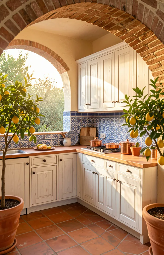 Full Mediterranean patio kitchen with hand-laid terracotta tiles
