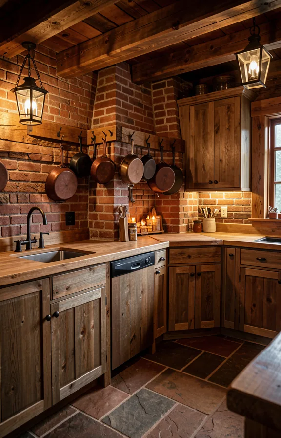 Complete cabin-style kitchen workspace with heavy timber framing