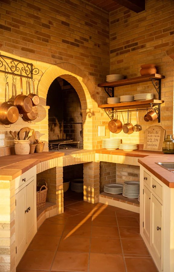 Full Tuscan outdoor kitchen with honey-colored brick walls