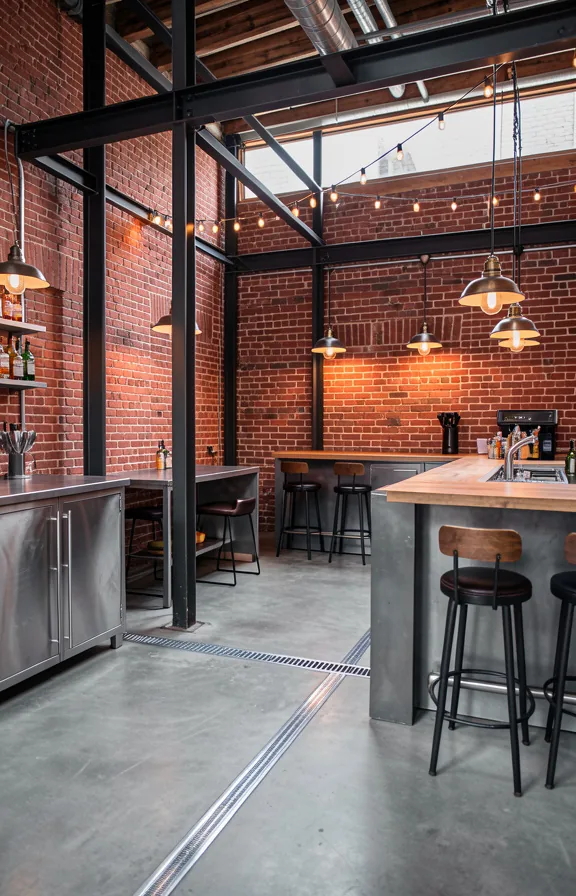 Full industrial loft entertaining zone with exposed raw red brick walls
