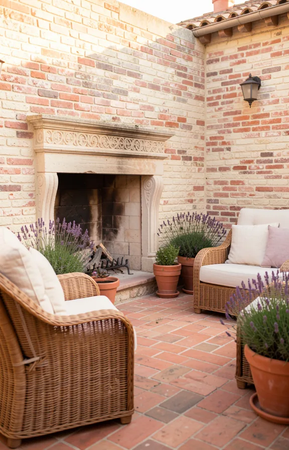 Complete French Provençal brick terrace with weathered cream and rose brick walls