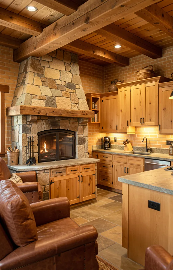 Full craftsman lodge stone kitchen with large stacked stone fireplace