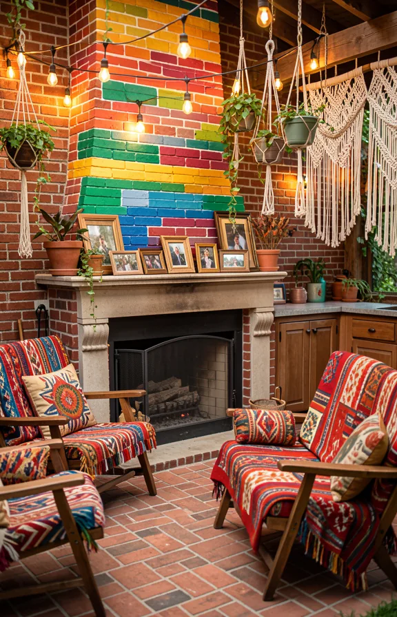 Complete bohemian brick patio kitchen with colorful painted brick accent wall