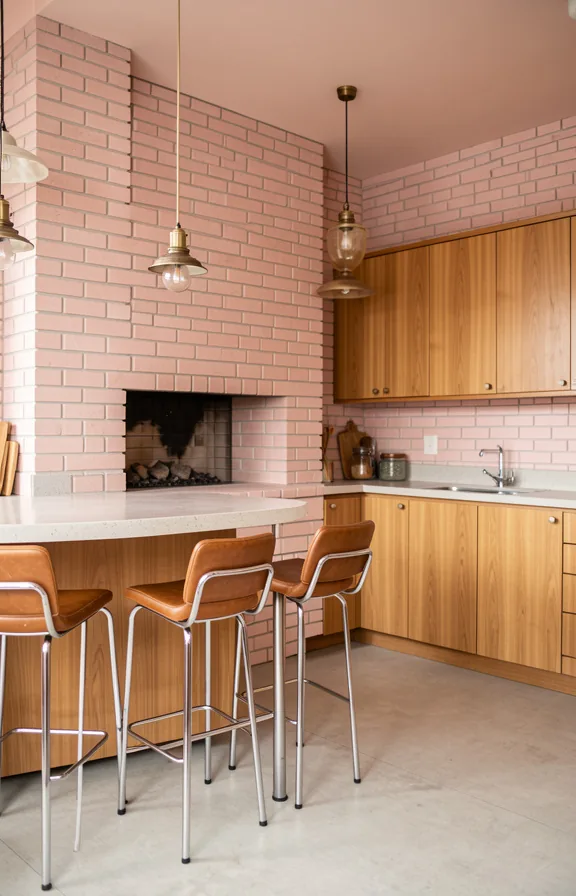 clean geometric fireplace opening, period-appropriate wooden cabinetry with metal legs