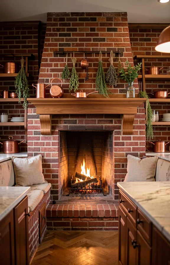 Full traditional brick hearth kitchen with rich red brick walls