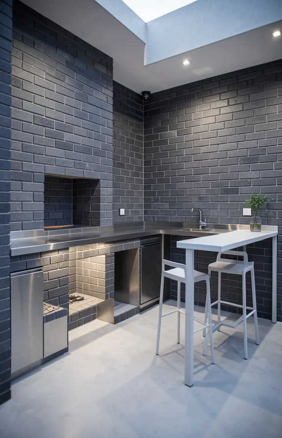 clean stainless steel countertops, geometric fireplace opening, polished concrete flooring