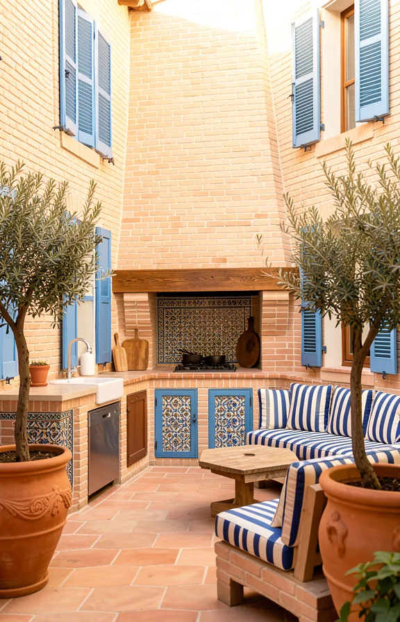 Full Mediterranean courtyard kitchen with light terracotta brick