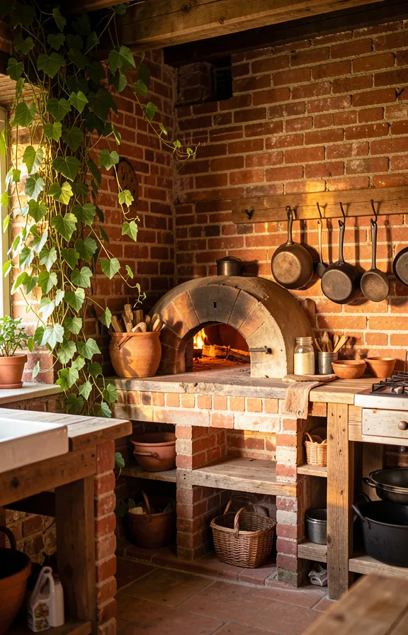 Complete rustic farmhouse brick kitchen with traditional wood-fired oven