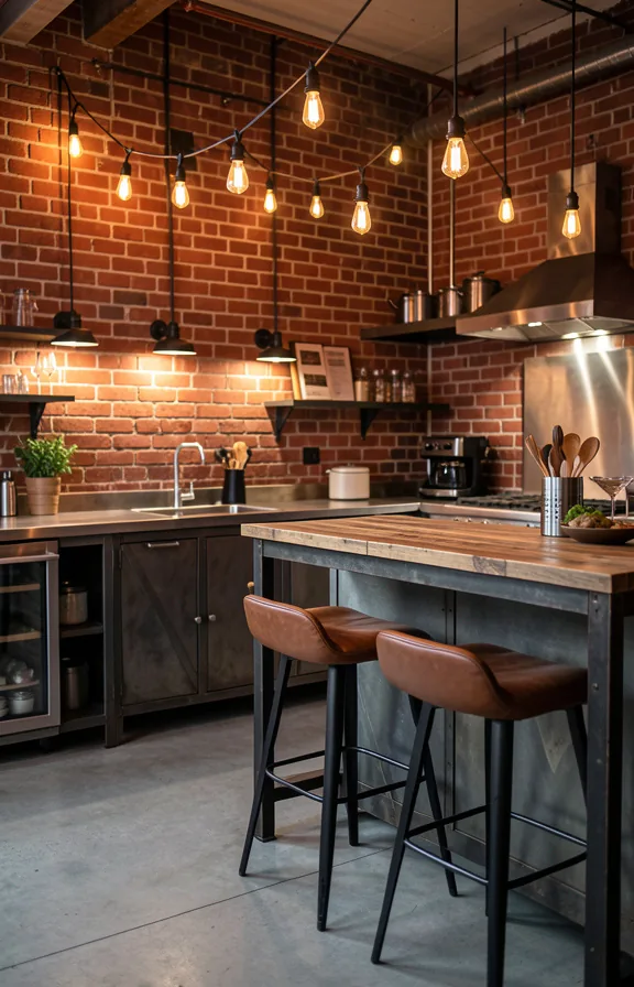 Full industrial brick kitchen with exposed red brick walls