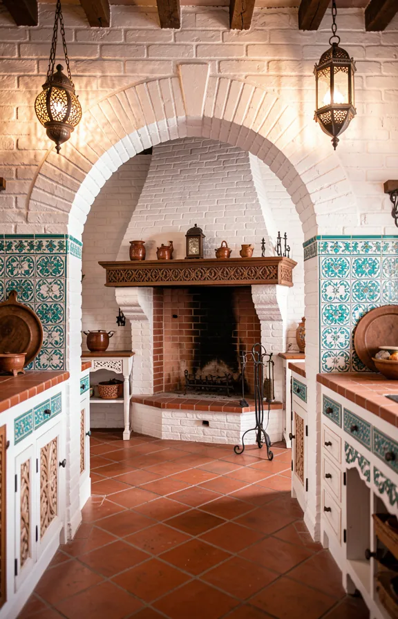 Complete Spanish colonial brick kitchen with white-painted brick archway