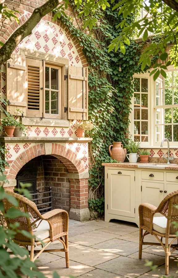 Full English cottage garden kitchen with cream and red patterned brick
