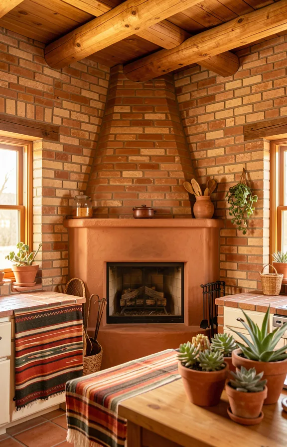 Complete southwestern brick kitchen with warm terracotta and buff-colored brick walls
