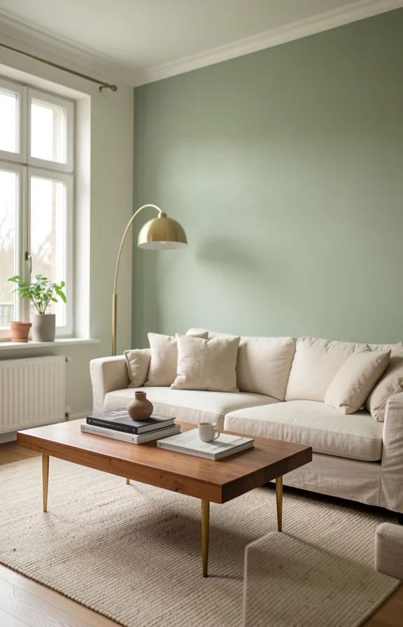 cream linen sofa, wooden coffee table with brass legs