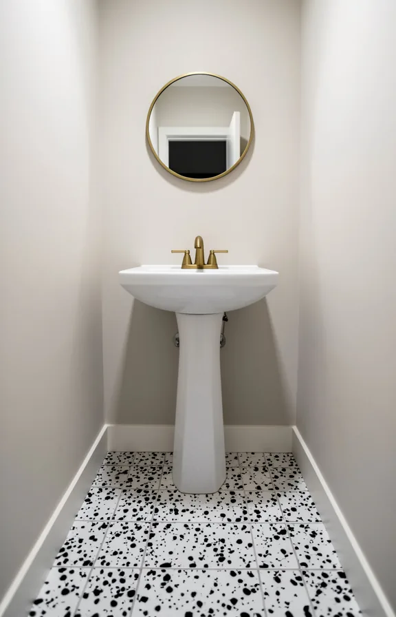 Powder room with terrazzo floor in black and white speckled pattern