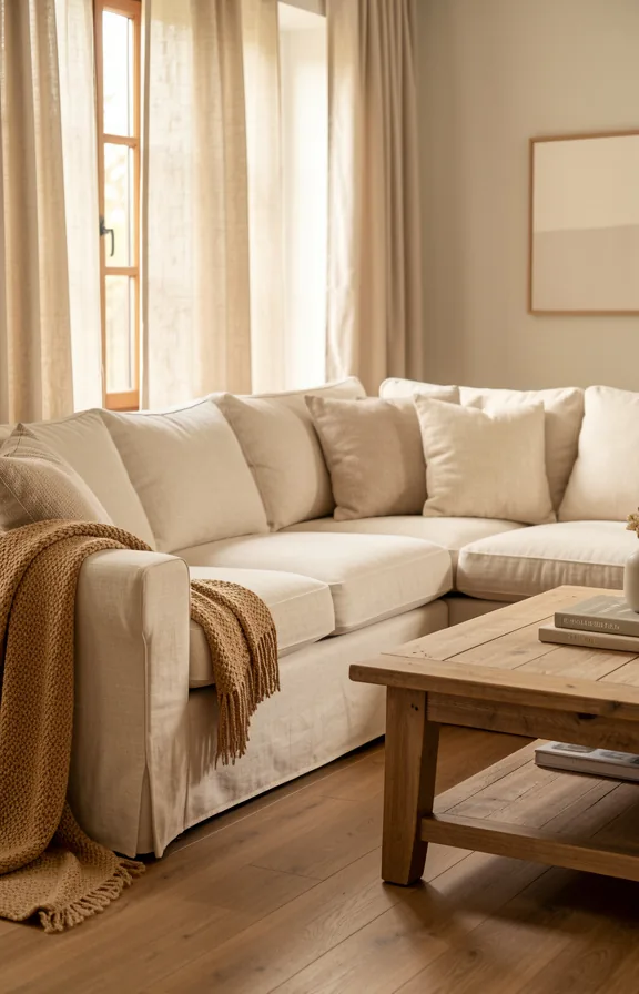 Living room with linen upholstered sectional in natural cream