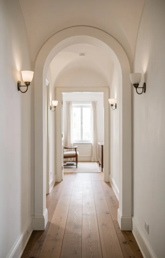 Transition hallway with arched doorway in white plaster