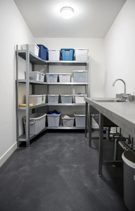 Utility room with sealed and stained concrete floor in charcoal gray