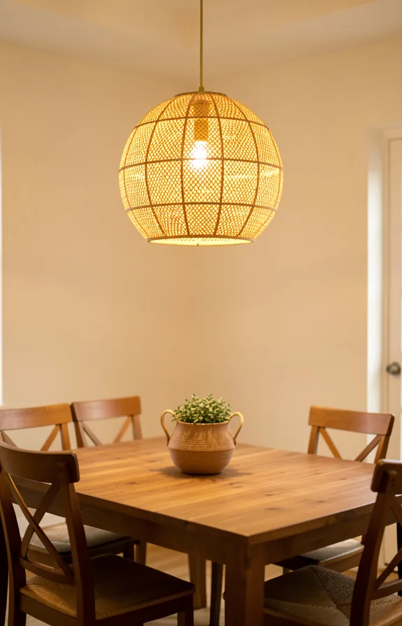 Dining room pendant light fixture in natural rattan woven globe shade