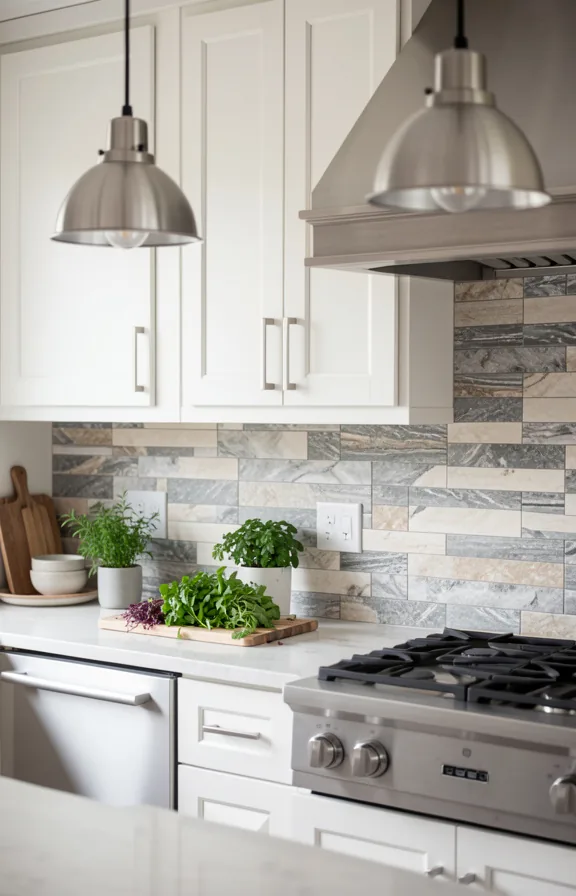 Kitchen backsplash area with faux stone pattern tiles in gray and cream