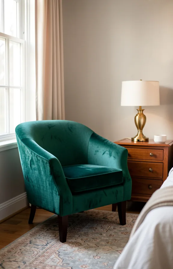 Bedroom corner with jewel-toned velvet accent chair in deep emerald