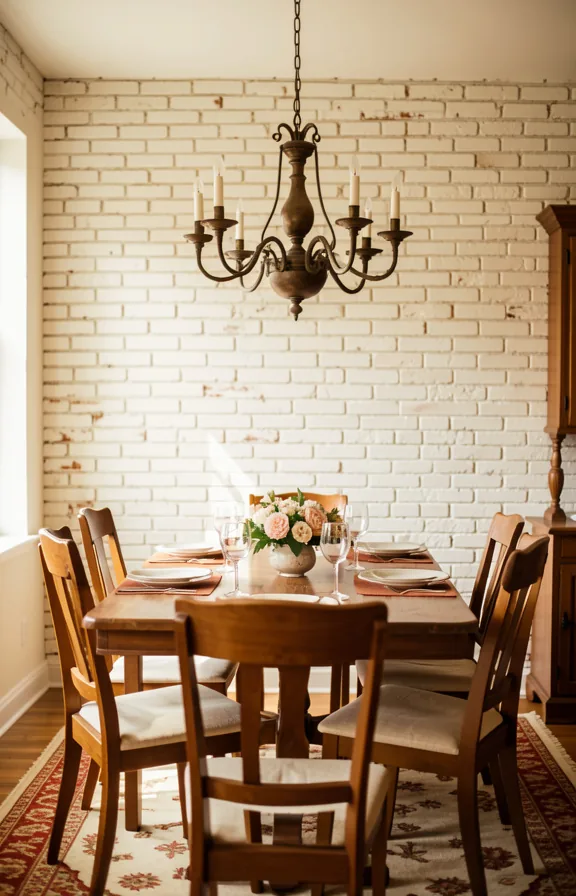 Dining room with exposed brick wall feature painted soft white