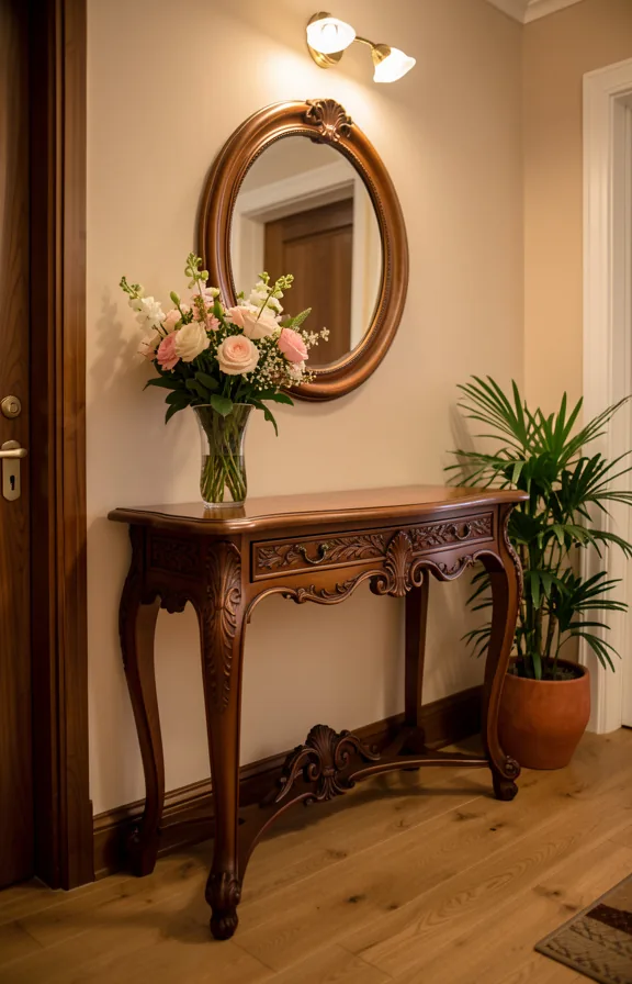 Entryway with carved wooden console table featuring ornate details