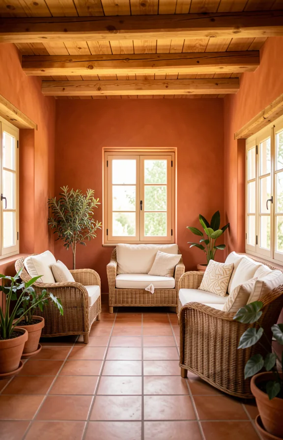 Sunroom with warm terracotta painted walls, natural wood ceiling beams