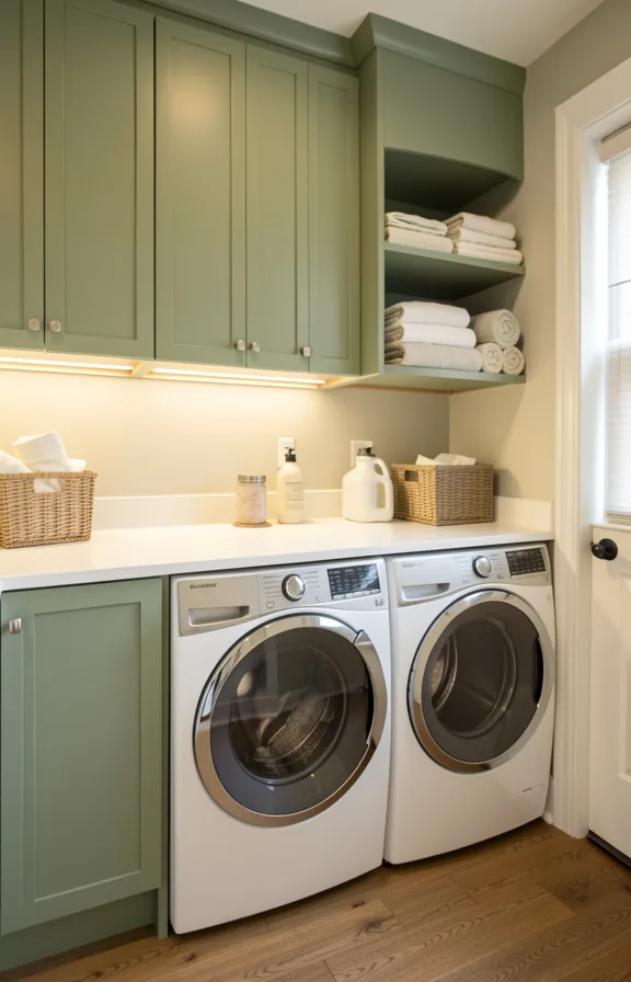 Laundry room with sage painted cabinets above washer and dryer