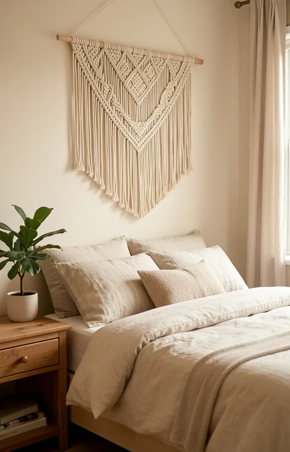 Bedroom wall with large macramé wall hanging in natural cream cotton rope