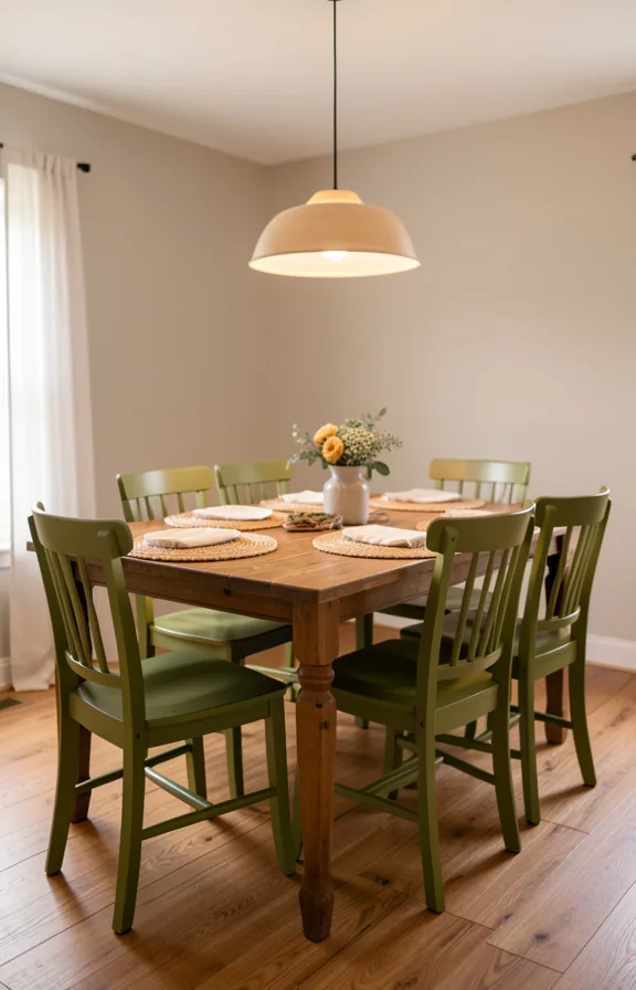 Dining room with painted wooden chairs in olive green