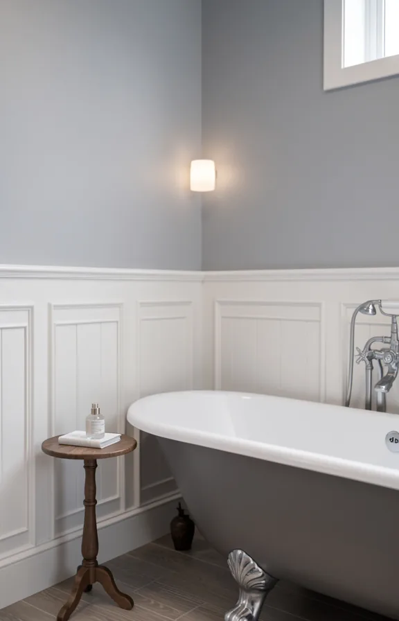 Bathroom with wainscoting covering lower half in white painted wood