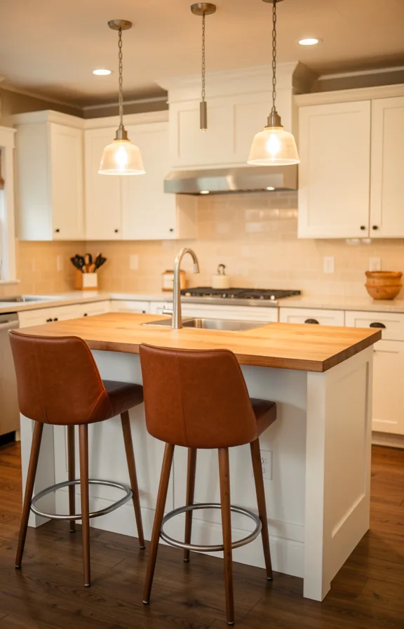 Kitchen island with three leather bar stools in cognac brown