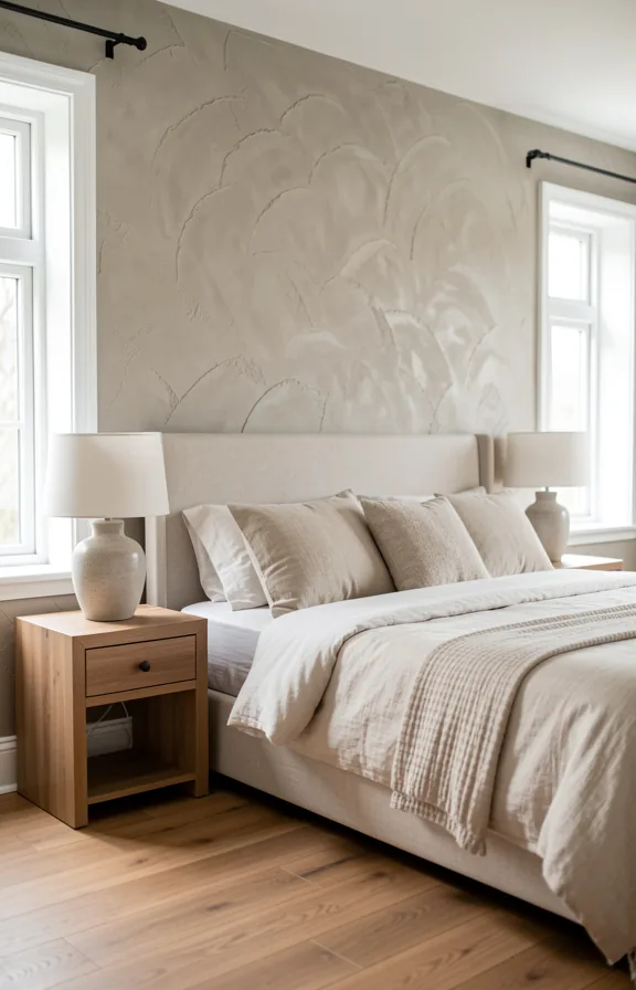 Bedroom scene with plaster feature wall in soft greige with hand-applied texture