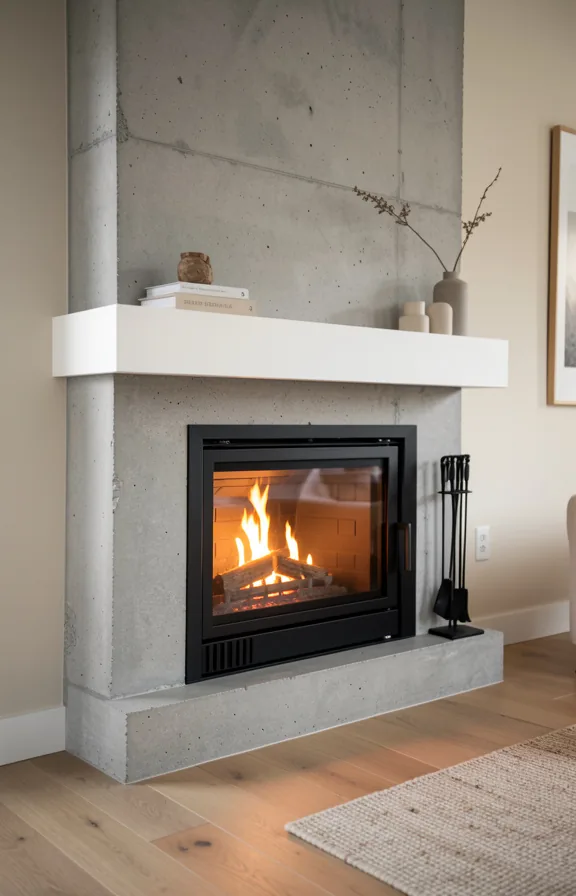 Living room with concrete fireplace surround from floor to ceiling